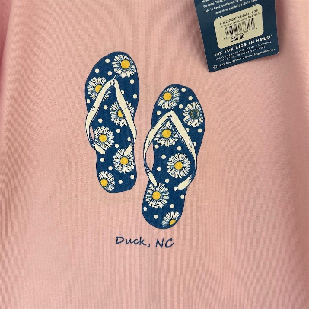 Life is Good Women's XS Pink T-Shirt Daisy Flip Flops Duck NC