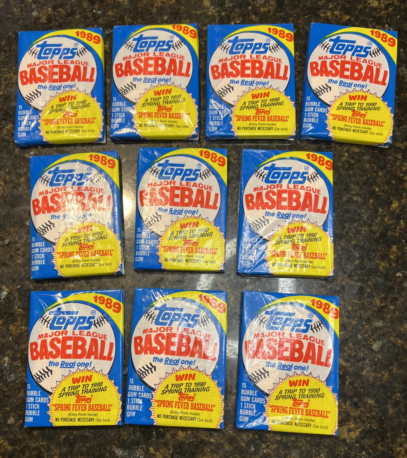 10 Unopened 1989 Topps MLB Baseball Card Wax Packs-15 Cards + 1 Stick Gum/Pack