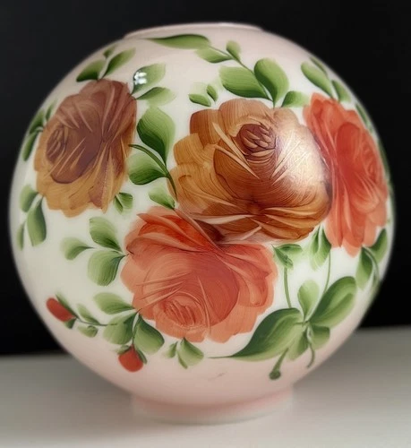 Vintage Hand Painted Milk Glass 8” Globe Hurricane Lamp Shade 4” Fitter Floral