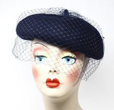 Navy Blue Wool Felt Beret w Veil Netting Church Party Retro Style Hat - Hey Viv