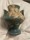 VINTAGE Roseville POTTERY CLEMATIS VASE  CIEL BLUE   DOUBLE HANDLES  6" TALL 40s