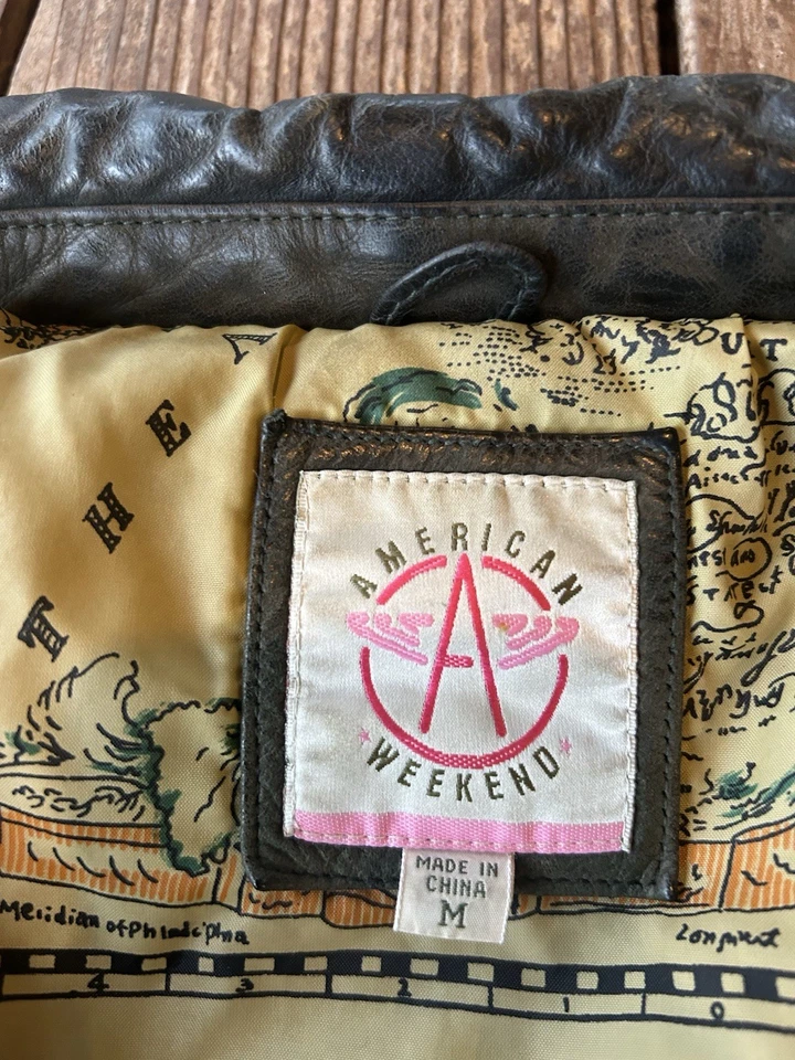 复古皮革轰炸机夹克带地图衬里美国周末绿色 80 年代 M 中号 — 第 3/4 张图片