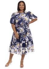 London Times Plus Size Printed Puff-Sleeve MIDI Dress - Navy Ivory