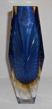 Murano Sommerso Mandruzzato Faceted Glass Vase cut mid century 12" cobalt blue