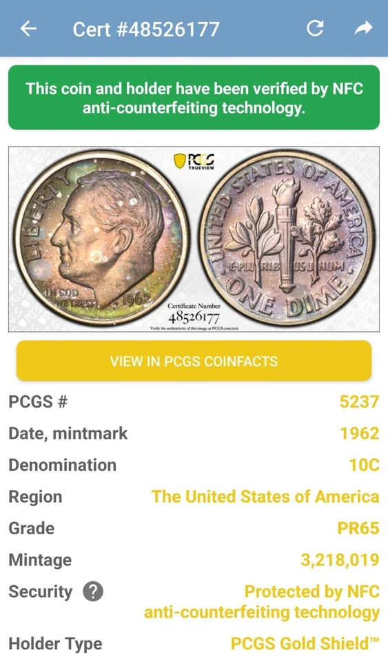 1962 Roosevelt Silver Dime 10c Rainbow Gem Toner PCGS PR65 Proof Gold Shield - Image 3 of 4