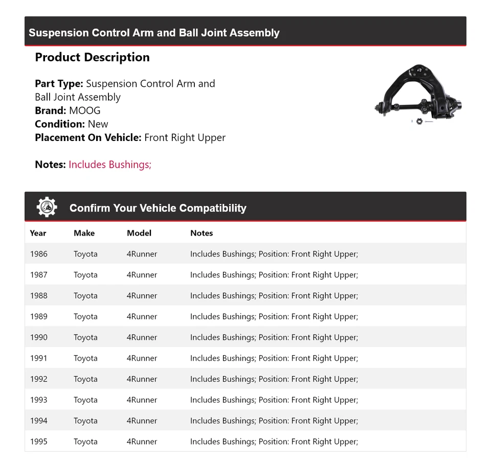 适用于 1986 - 1995 年丰田 4Runner 控制臂右上部 MOOG 1986 1987 1988 — 第 2/4 张图片