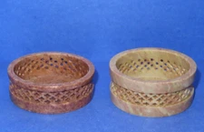 (2) Carved Round Soapstone Small Trinket Dish Incense Burners 2.25" Round -India