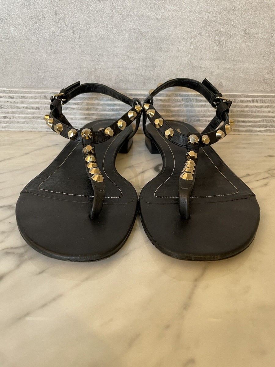 BALENCIAGA Leather Studded Accents T-Strap Sandals Size 37