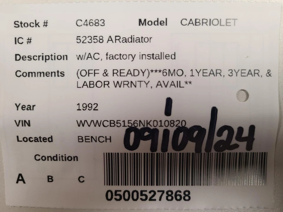 Used Radiator fits: 1992 Volkswagen Cabriolet convertible gasoline 16 valve w/o - Image 3 of 4