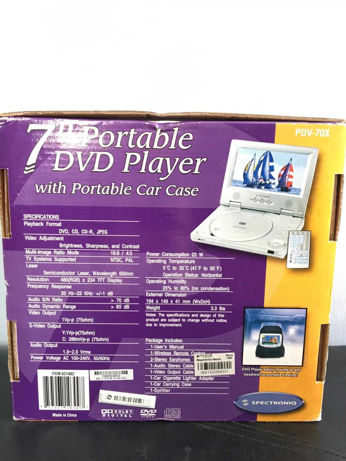 Spectroniq (PDV70X) 7" Portable DVD Player w/ Portable Car Case