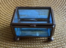 Vintage glass etched flowers Brass trinket box beveled edge