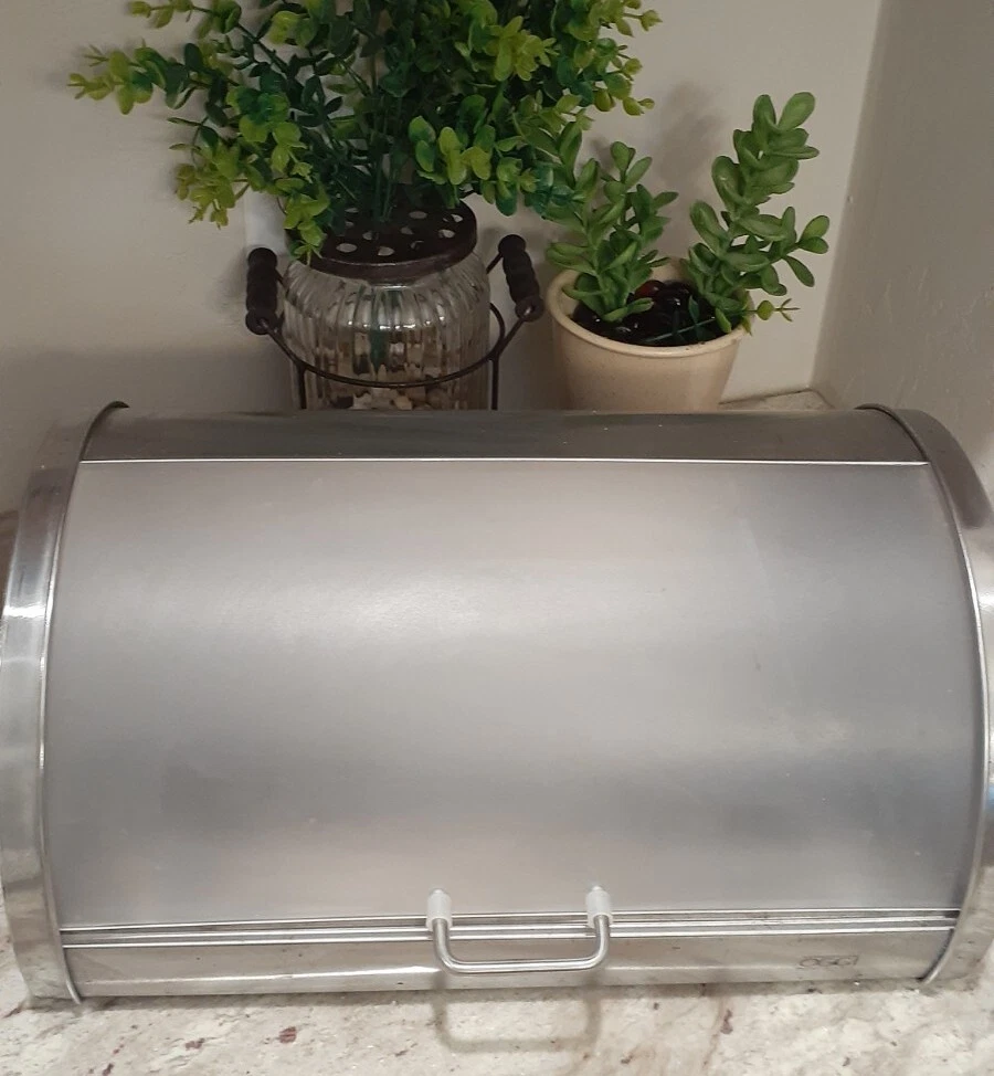 Oggi Stainless Steel Bread Box w/ Frosted Roll Top Good Condition