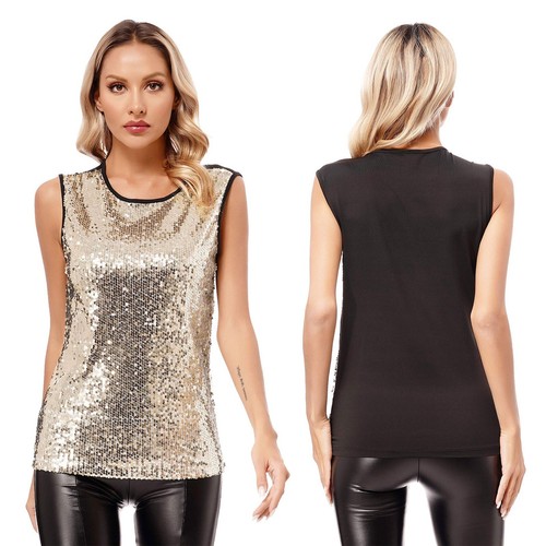 Womens Tank Evening Vest Sleeveless Top Slim Fit T-shirts Fully Lining Sequin - Picture 2 of 39