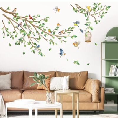 decalmile Birds on Tree Branch Wall Decals Spring Green Leaves Flying Bird 