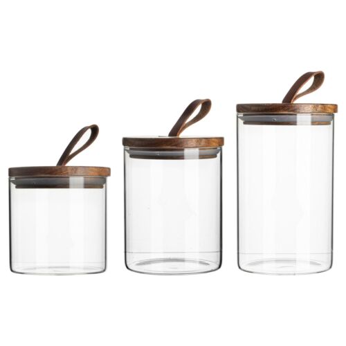 3x Glass Storage Jar With Wooden Lids, Ceramic Storage Jars With Lids Uk