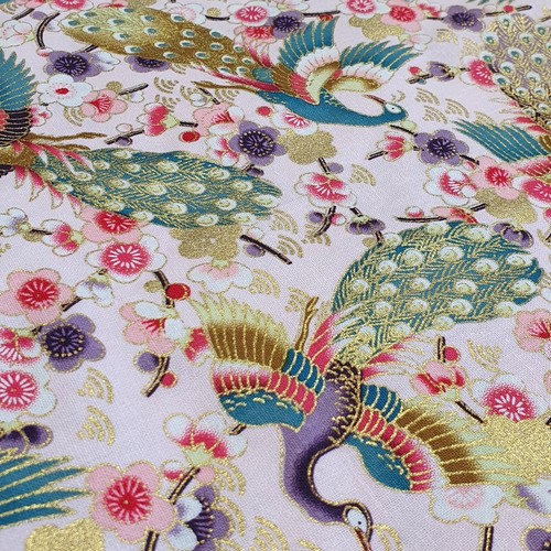 Tela acolchada 100 % algodón metálica dorada dragón japonés pavo real 58" metros - Imagen 10 de 14