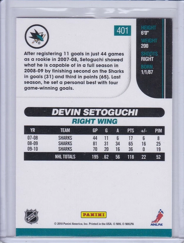 Devin Setoguchi 2010 Score Glossy Hockey Card 401 - Image 2 of 2