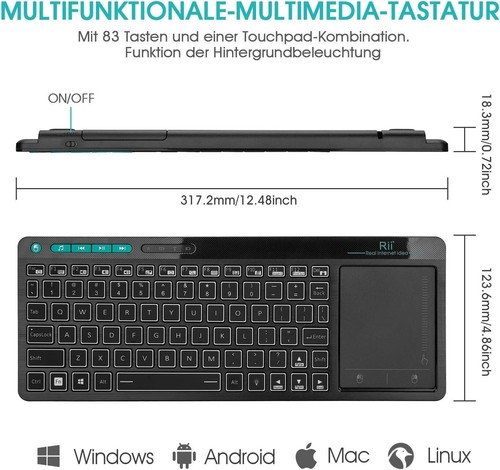 Rii K18 plus Wireless 3-LED Color Backlit Multimedia Keyboard with Multi-Touch B - Picture 4 of 7