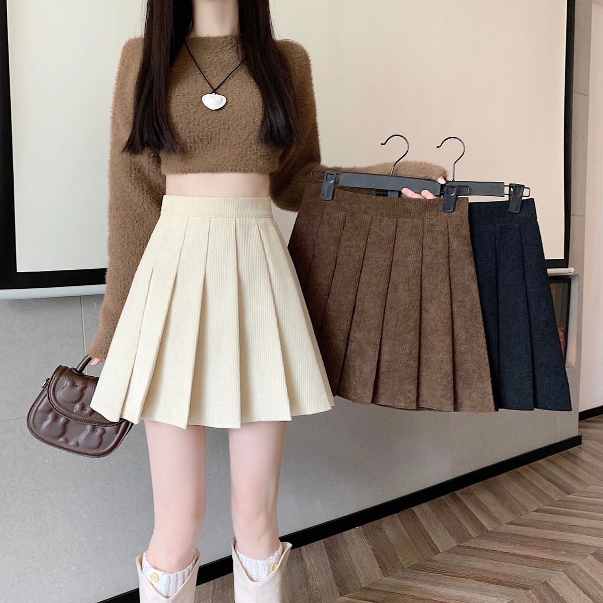 Pleated Skirt Women Vintage Casual High Waist A-line Skirts Mini