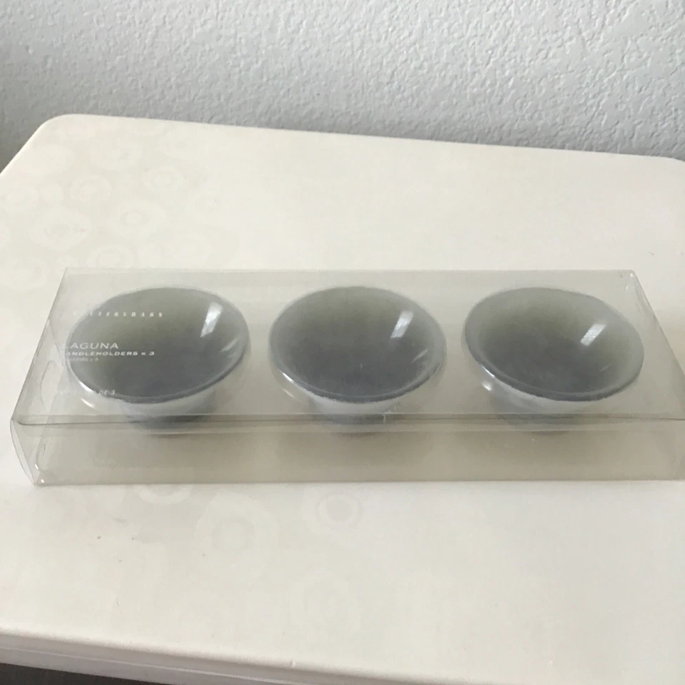 全新 Pottery Barn Laguna 磨砂玻璃有源烛台 3 件套 绿色 全新带盒 — 第 4/4 张图片