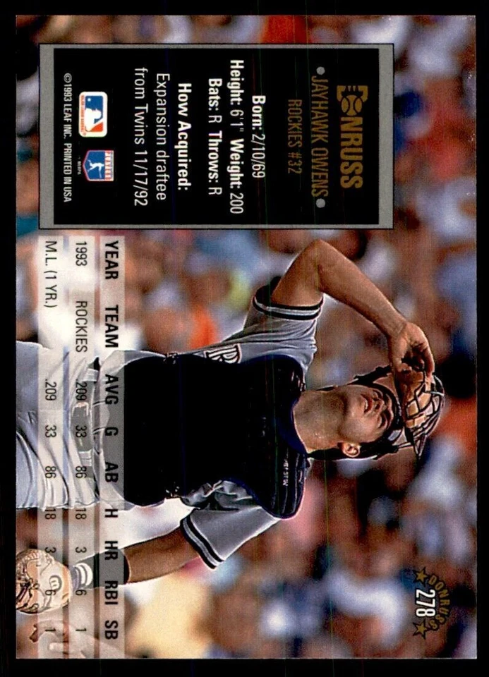 1994 Donruss Jayhawk Owens Baseball Cards #278 - Image 2 of 2