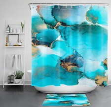 Minimalist Blue and Goild Abstract Marble Shower Curtain Set for Bathroom Decor