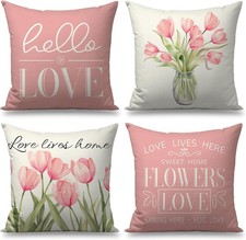 Pillow Covers 20x20 Inch Set of 4 Tulip Home Sweet Pink for Sofa Decor