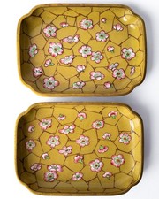 Chinese Vintage Gilt Copper Canton Enamel Prunus Cracked Ice Dishes 20th Century