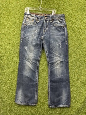Rock Revival Mason Jeans Mens 34 Distressed Bootcut Dark Wash Denim Grunge y2k