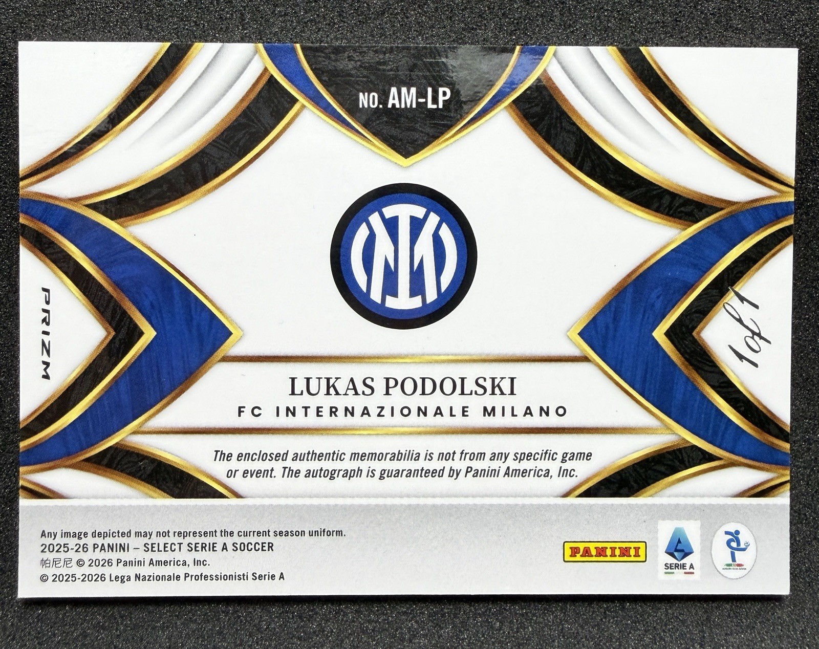 2025-26 Panini Select Serie A Lukas Podolski Auto Memorabilia Black Auto 1/1 view 5