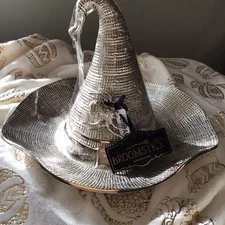 NWT Halloween Large 2 Piece Silver Metal Witch Hat Chip and Dip Spider Bowl Set