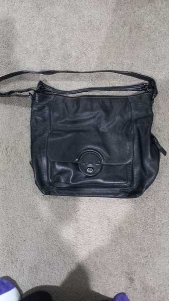 Mimco Black Pebbled Leather Shoulder Bag, Zip Turn Lock, Silver, Lined Pockets
