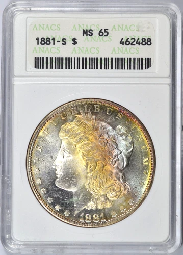 1881-S MORGAN SILVER DOLLAR ANACS MS65 TONED NICE COIN