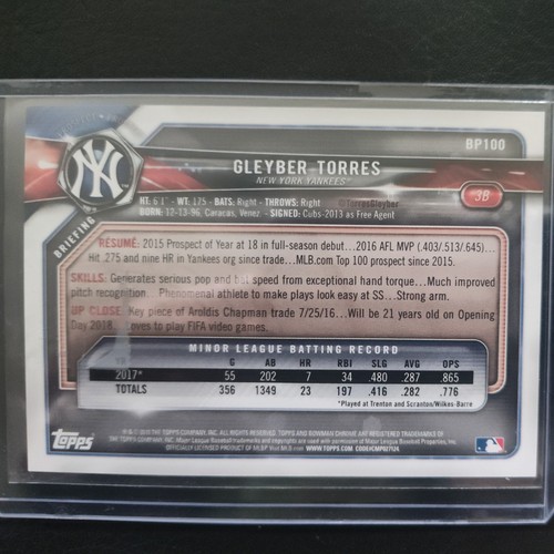 2018 BOWMAN BLUE RC GLEYBER TORRES #71/150 YANKEES NY MT - Picture 2 of 2