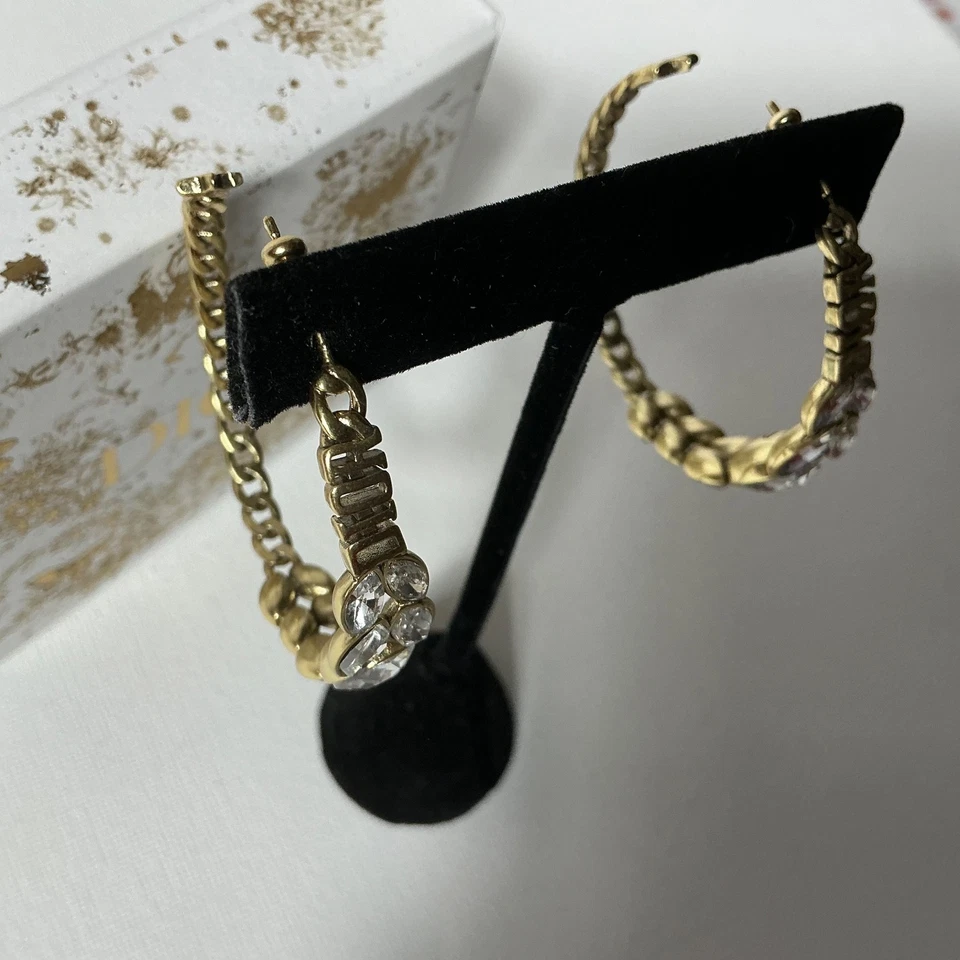 Pendientes de aro Dior de oro y cristal de 2" con caja Foto 3 de 3