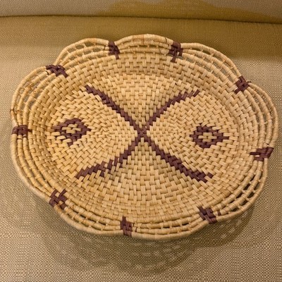 Handwoven Coiled Seagrass Oval Basket Tray Natural Brown Tribal Boho Geometric