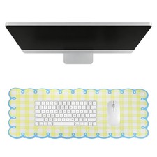 Scalloped Desk Mat, 31.5 x 11.8" Checkered Large Mouse Pad, Bright Blue-Yellow