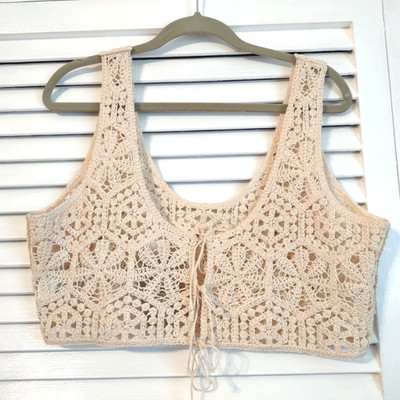 H&M Bohemian Crochet Beige Sleeveless Croped Short Top Vest Crochet sz.L New