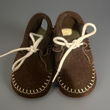 Vtg Baby Toddler Moccasins Dark Brown Suede Soft Fringed Leather CUTE 3-6 Month