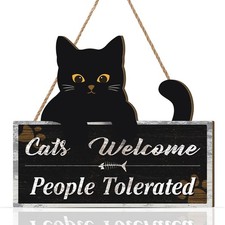 Black Cat Door Sign,Cat Welcome People Tolerated Door Decor,Funny Welcome Wal...