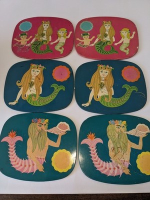 X6 Vintage Retro Kitsch Meerjungfrau Merman bunte einzigartige Tischsets Tischgedecke