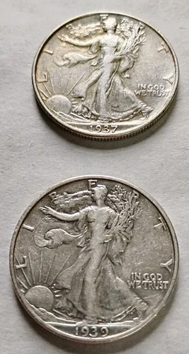 Lot of 2 1937 1939  Walking Liberty Half Dollars-90% Silver Fine+ #L2