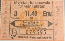 Rheinische Bahngesellschaft Mehrfahrtenausweis für vier Fahrten aus D- Mark Zeit
