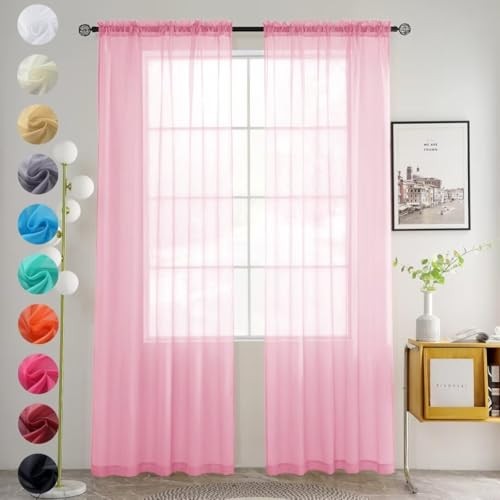 Solid Sheer Rod Pocket Curtain Voile Draperies 2 52"W x 45"L (Pack of 2) Pink - Bild 1 von 6