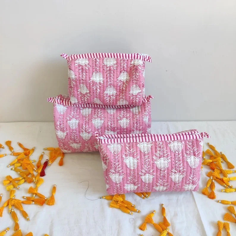 Indian Pink Floral Quilted Toiletry Bag Cotton Unisex Makeup Bags 3 Pcs Set US