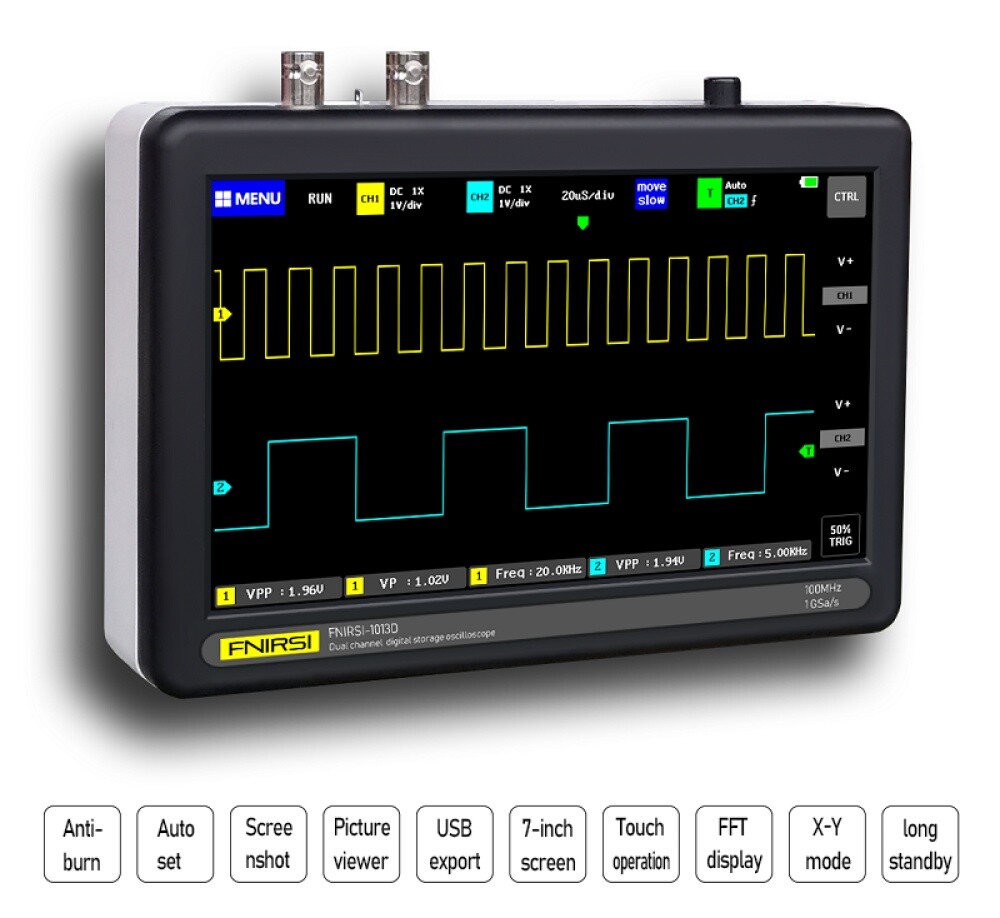 1013D 7 inch 2 Channels Digital Oscilloscope 100MHz Bandwidth 1GS Sampling Rate