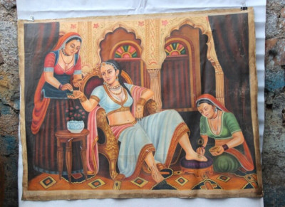 Vintage Oil Painting On CANVAS Rajasthani Woman Applying Heena Handmade Original