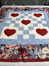 Hand Sewn Heart Floral Quilted Wall Hanging 30x30 Americana Farmhouse