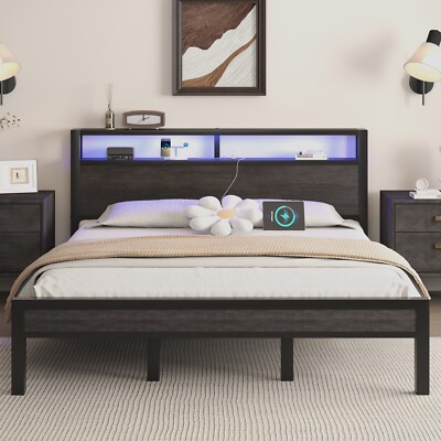 King LED Light Bed Frame with 2-Tier Storage Headboard and Charging Station