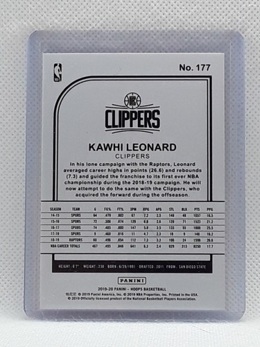 Kawhi Leonard 2019-20 NBA Hoops Basketball - #177 - Los Angeles Clippers - Picture 2 of 2